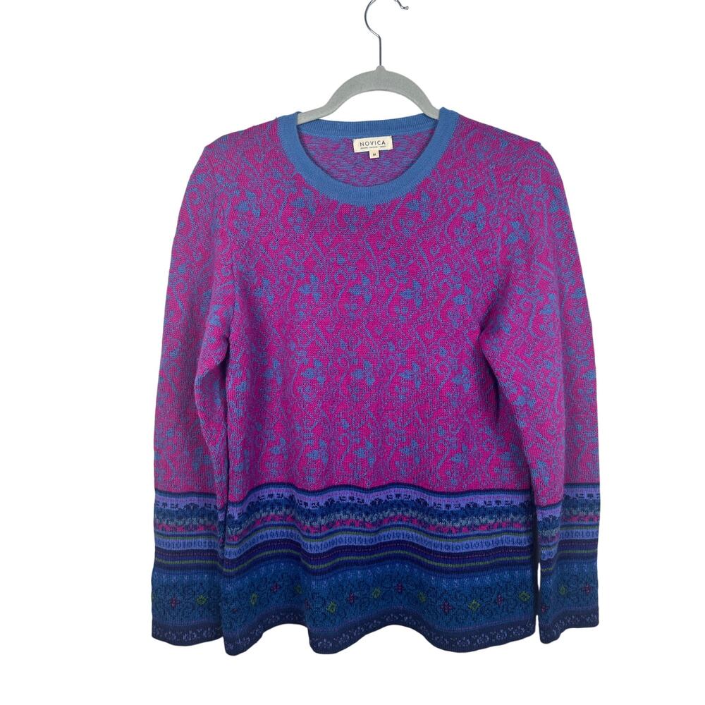 NOVICA Pink Blue Patterned Knit Sweater Size Medium Artisan Style Alpaca EUC